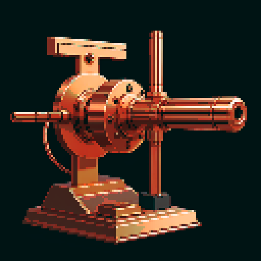 I want a copper rotary machine gun viewed from from the side. I want this object usable an asset in a videogame, meaning only one object per image, outlined with a strong black stroke, on a solid-color background.