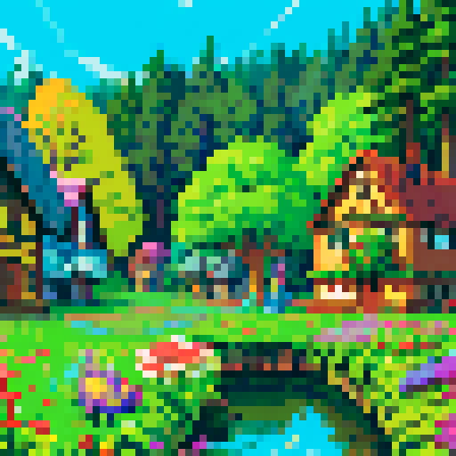 pixel art map, tall vibrant trees, whimsical mushrooms, cozy houses, colorful flowers, sRGB, vibrant colors, detailed sprites, retro gaming vibes, pixelated landscapes, enchanting atmosphere, immersive world, nostalgic art style, charming scenery, intricate designs, lively flora and fauna, 8-bit aesthetic, game map