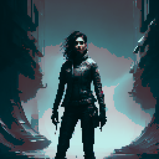 Dark and gritty, with a focus on shadows and sharp edges. 

        Knife-wielding, towering young woman with piercing eyes stands in a dimly-lit alleyway, her leather jacket and combat boots casting long shadows against the brick wall behind her.