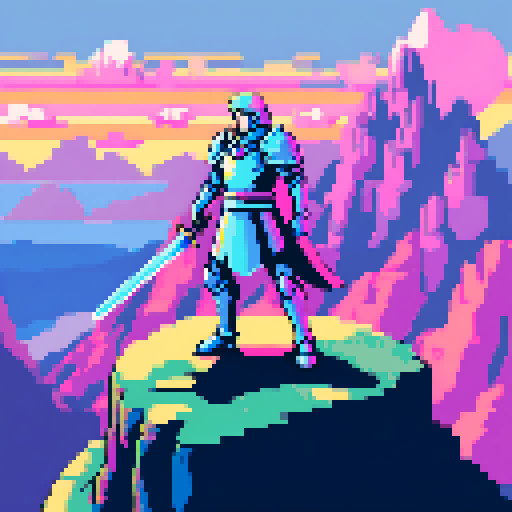 Paladin in shining armor, wielding a sword and shield, surrounded by a mystical aura, standing atop a cliff overlooking a pixelated landscape, with a vibrant sRGB color palette