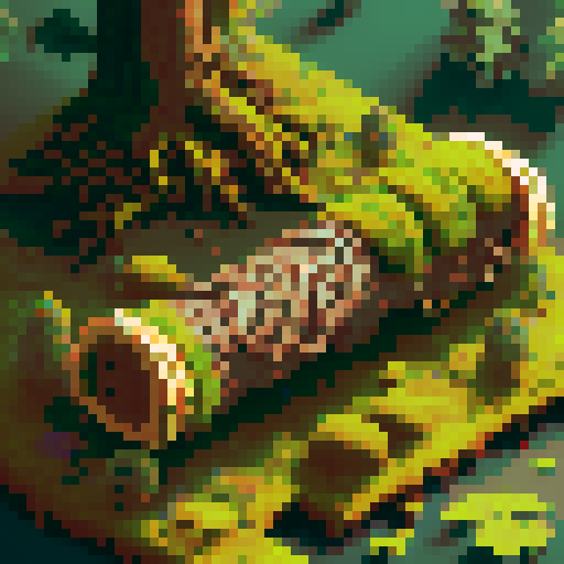 wooden log with gnarled branches, vibrant green leaves, dappled sunlight filtering through, moss-covered bark, intricate wood grain, intricate pixelated details