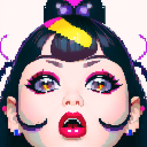 curvy, cute goth cat girl face, black hair, purple eyeshadow, red lipstick, studded leather, face portrait, glamour shot, vibrant sRGB colors, pixel art