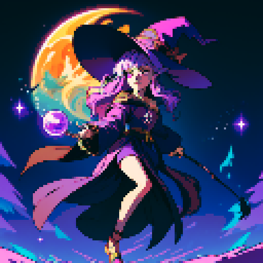 full-body art, witch, facing right, ready to fight, with a big witch hat, vibrant purple robes, long flowing hair, holding a glowing crystal ball, surrounded by swirling colorful magic, casting spells in a mystical forest, with a crescent moon shining above, pixelated style with detailed shading