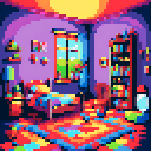 A cozy, colorful child's room with a vibrant, pixel art background, whimsical, toy-filled 