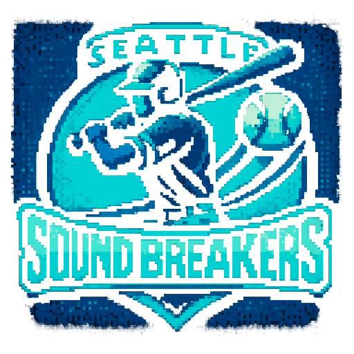 Pixel art of a fictional baseball team called the Seattle Sound Breakers. blue, teal, and dark blue, sharp outlines, and soft pixel shading. The logo design mimics 80s MLB logos. Use a vibrant Sega Genesis 16-bit style with selective dithering, geometric forms, and nostalgic retro charm. Avoid modern gradients—keep it pure pixel art.