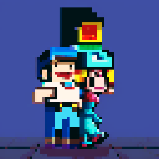 cityscape, urban graffiti, neon lights, brick buildings, bustling streets, vibrant colors, bold lines, retro video game aesthetic, 8-bit characters, low resolution, pixelated textures, digital art, vibrant color palette, contrast, shadows, highlights, perspective, depth, stylized characters, facial expressions, animated movements, dynamic poses, detailed backgrounds, urban atmosphere, nightlife, energetic, lively, youthful, camaraderie, friendship, laughter, adventure