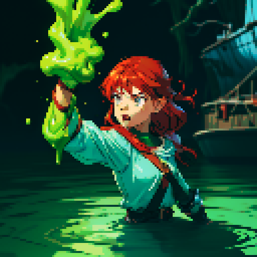 hero sinking into slime, hero drowning in slime, hero has red hair, hero has silver armor, reaching up, panic, sinking deep into slime