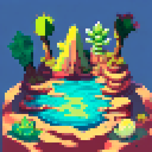 16 bit pixel art background of a desert landscape with a couple of cactus with a flat part for people to stand on in the foreground and desert mountains and rock structures in the background