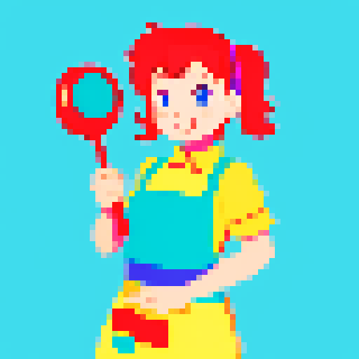 Cute, vibrant, playful chef, apron, juggling utensils, pixel art, colorful, solid background, sRGB