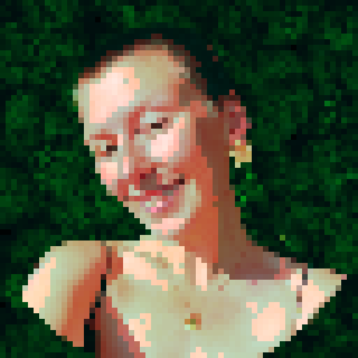 Create an icon of a girl with a shaved head on a dark green forest background on a 64x64 grid size. 