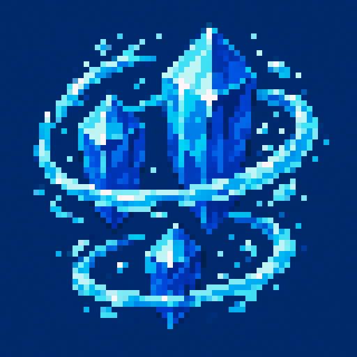 Sapphire crystals wrapped in floating rings of water, trigonal crystal pattern, solid-color background