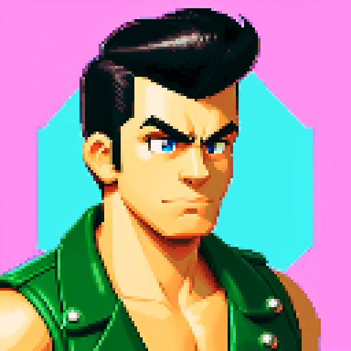 semi muscular greaser with pompadour and leather vest, 8-bit pixel art, vibrant sRGB colors, retro arcade game style