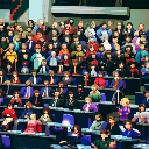 Wide shot of delegates arguing inside of German Federal Parliament, live TV coverage, vibrant colors, pixelated details, retro video game aesthetic, animated pixel art, intricate pixel patterns, dynamic lighting, immersive atmosphere, animated gestures, traditional German clothing, historical significance