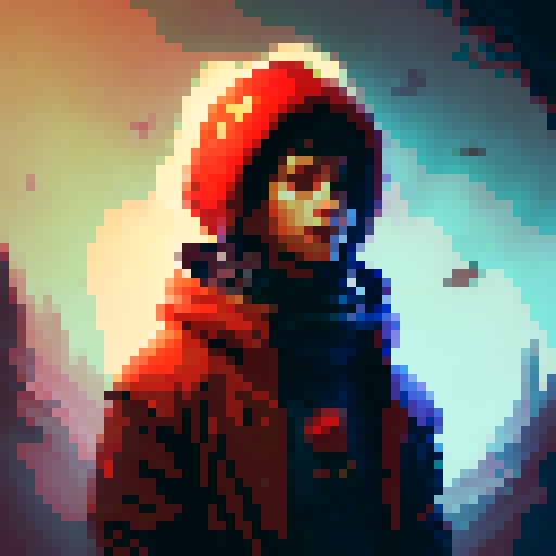 "Create a static image of a red mage character with red hat, red cloak, and white feather on a blue background reminiscent of an original NES status screen."