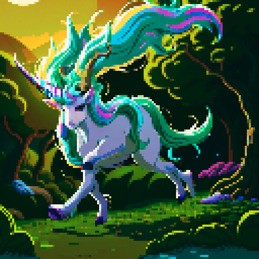 mystic druid wild woman unicorn faun hybrid bathed in moonlight, with a playful demeanor, cloven hooves, showcasing its full body in pixel art style with vibrant sRGB colors