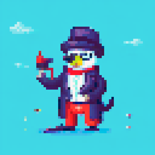 Neon green scarf, polka dot bowtie, red beret, and monocle-wearing penguins slide and waddle through a snowy sRGB landscape, surrounded by charming pixel art trees and mountains