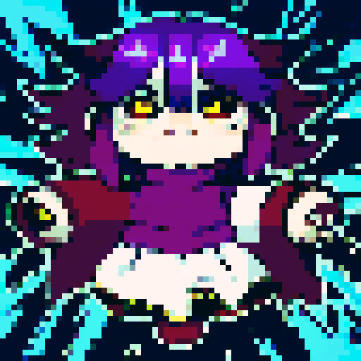 female necromancer, flowing dark hair, glowing purple eyes, full body, pixel art