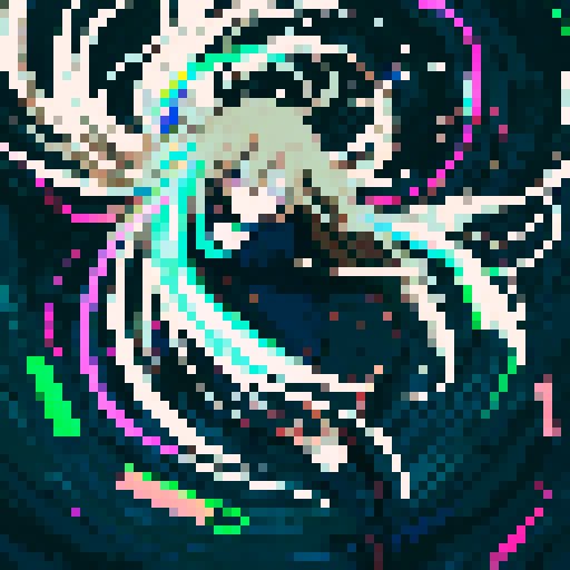 anime girl with long, glowing eyes, flowing hair, dark colors, hovering above the ground in a revealing school uniform, with a 16 bit style that pops against the sRGB color palette
