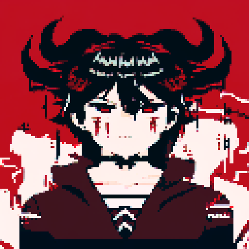 Half-demon warrior with long black hair cascading down their back, captivating fusion of contrasting elements, red eyes reflecting fierce determination and vulnerability, attire blending traditional and modern influences from human and demon cults, character portrait, close up, anime style, pixel art