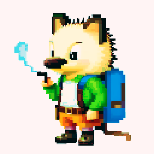 antropomorphic hedgehog with backpack and smoking pipe