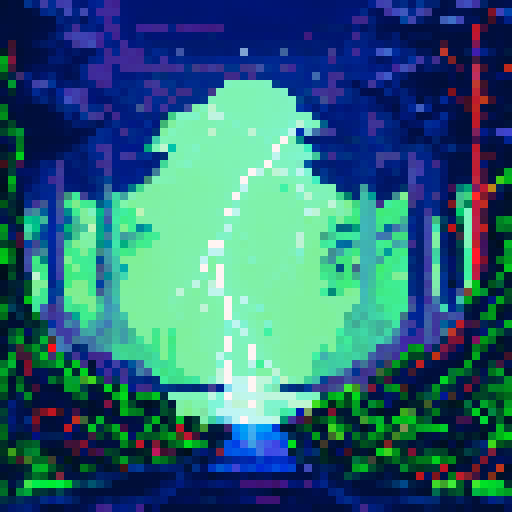 Hauntingly tall trees with twisted branches and glowing eyes peering out from the darkness, looming clouds with flashes of lightning, and a thick fog creeping across the pixelated moonlit landscape