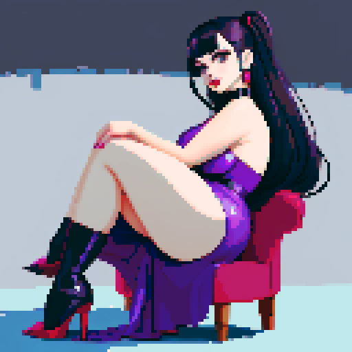 curvy, cute goth girl with black hair, purple eyeshadow, and red lipstick, in a nude glamour shot, rendered in pixel art with vibrant sRGB colors