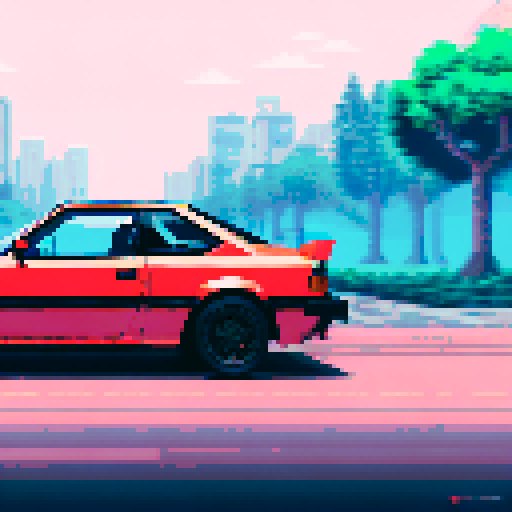 Photorealistic whole Toyota AE85, centered, three-quarter view, right front wheel, clean background, realistic colors, pixel art style
