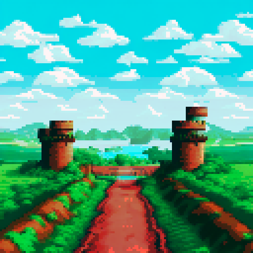 flat land, opposing fortresses, sRGB, pixel art, background, landscape