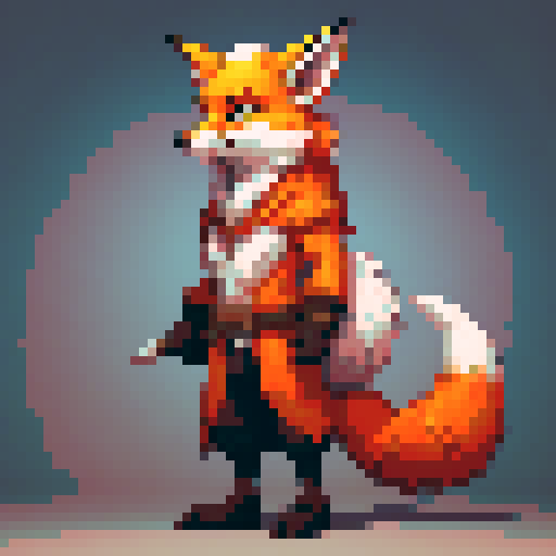 fox, pixel art, sRGB, vibrant orange, sharp triangular ears, sleek body, bushy tail, animated expression, expressive eyes, confident stance