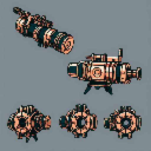I want to see a simple copper minigun with 8 barrels floating in the center of the frame. It should have strange mechanical details that could interlock with others. I want this object usable an asset in a videogame, meaning only one object per image, outlined with a strong black stroke, on a solid-color background. 