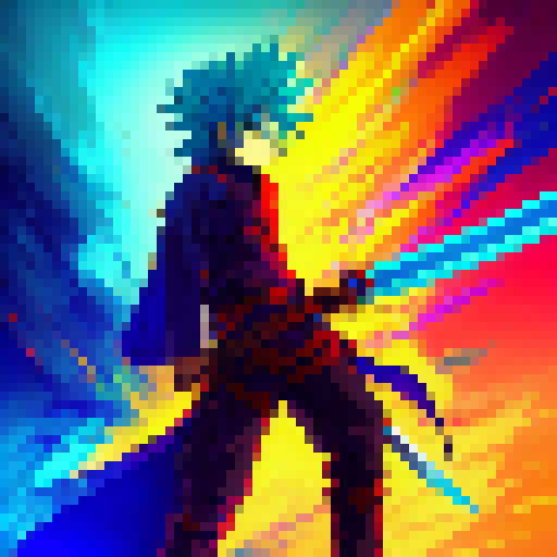 Generate a pixelated image of an anime hero with spiky hair and a katana sword, surrounded by a bright aura of electric blue and fiery red colors.