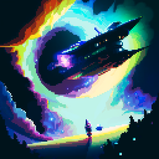 spaceship, sideview, vibrant galaxy, swirling nebulas, twinkling stars, pixel art, srgb