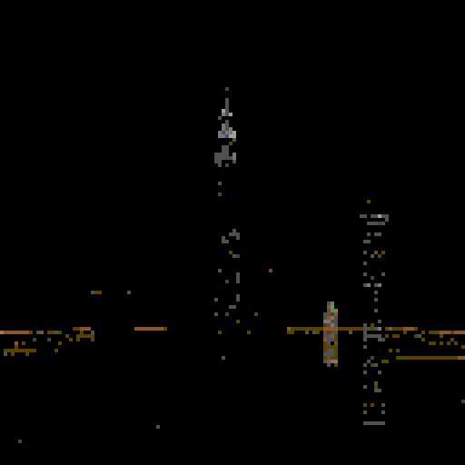 large skyscrapers at night, large black sky, viewed from afar, retro, nostalgic feel