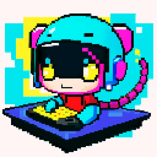 cute big head with indifferent facial expression, playing computer games, tables with coca cola, a large scorpion tail fully in the picture, bright yellow and cyan and pink lights