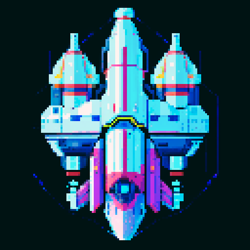 2d Spaceship in empty space, metallic exterior, retro aesthetic, pixelated details,blinking lights, wireframe outlines, geometric shapes, low-resolution textures, pixel art style, sRGB color space
View from above

Retro Futurism Palette: Inspired by the 80s sci-fi and video games, this palette could include neon pinks, bright blues, electric purples, and lime greens. This palette is perfect for a spaceship with a vibrant, energetic look that stands out against the darkness of space.