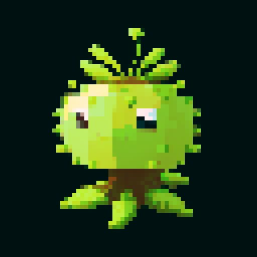 A slightly larger plant-like creature with more defined features, bark-like skin, and budding flowers. It has a friendly expression and a sturdy build. No background.