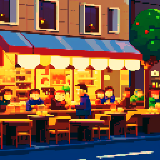 busy city cafe, winter cold, crowded tables, steaming cups, baristas brewing coffee, pixel art, sRGB, depressed