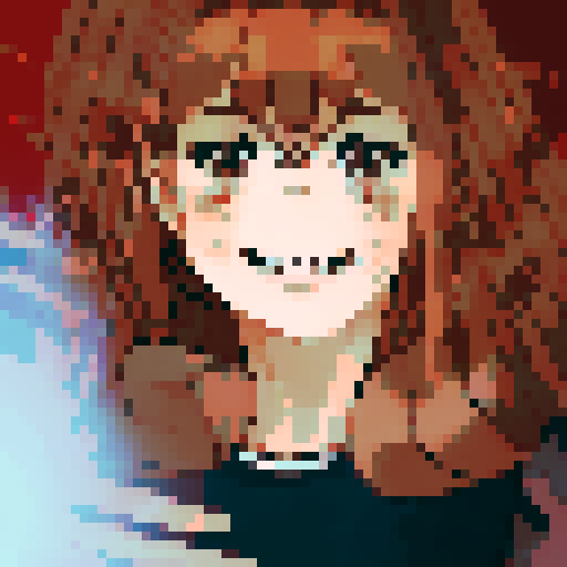Brown and red-haired girl with a beaming smile framed by billowing blue curtains, captured in a character portrait with close-up details and an anime style, rendered in pixel art