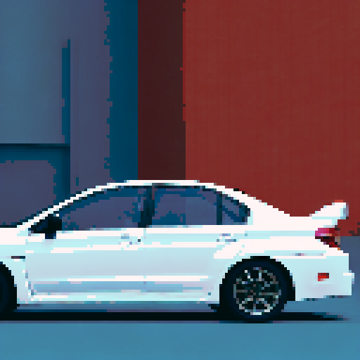 Photorealistic whole Subaru Imperza WRX, centered, three-quarter view, right front wheel, clean background, sRGB colors, pixel art style
