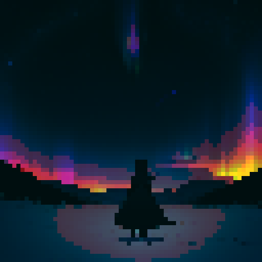 hyperrealistic silhouette of a black cat, galaxies and stars covering the night sky, aurora borealis, pixel art, sRGB