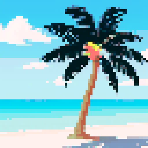 A black and white palm tree on a beach.