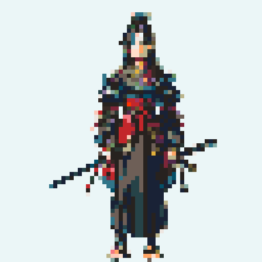 historically accurate muromachi samurai in traditional armor, roguelike rpg full-body sprite