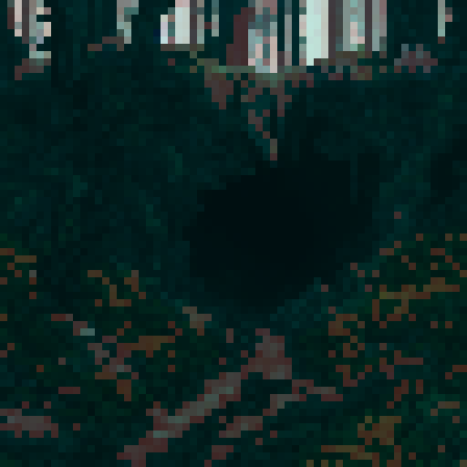Dark, ominous cave entrance, surrounded by a pitch-black landscape, with a pixel art style portraying the mystique and danger of the unknown