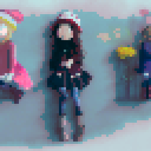 a girl in a beanie, striped tights, a blue skirt and a red sweater