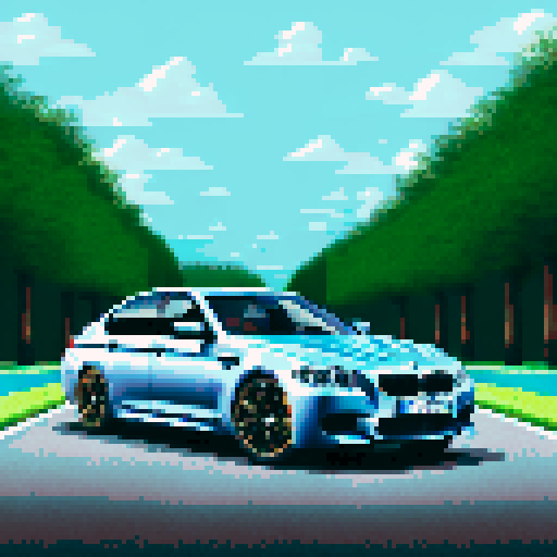 Photorealistic, centered BMW M5 in a three quarter view, right wheel in front, clean background, pixel art style with sRGB colors
