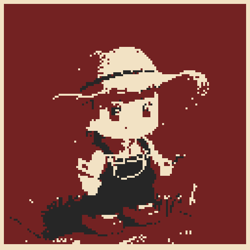 farmer wearing a straw hat, plaid shirt, and denim overalls, standing in a lush green field with vibrant pixelated crops, surrounded by pixelated farm animals and a pixelated red barn, all rendered in the retro pixel art style of sRGB