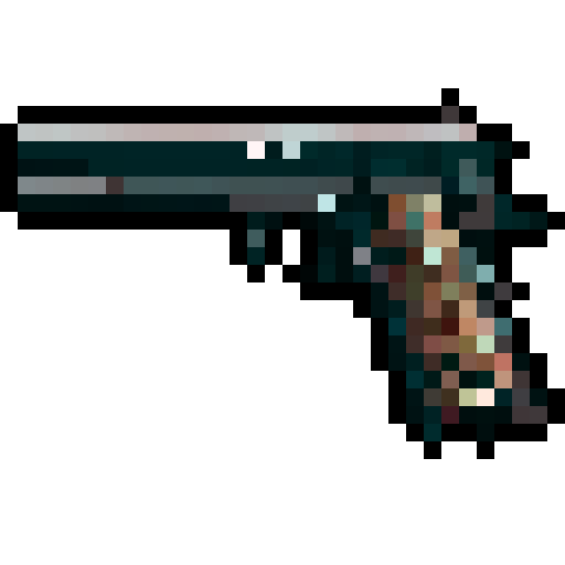 M1911 pistol, rotate barrel to top left corner, pixel art, centered