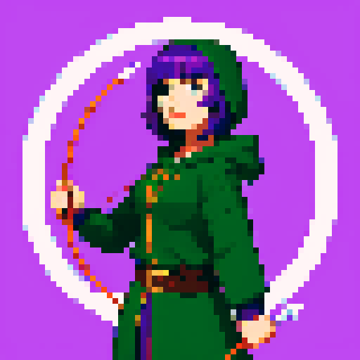 Hooded female archer with short purple hair 
