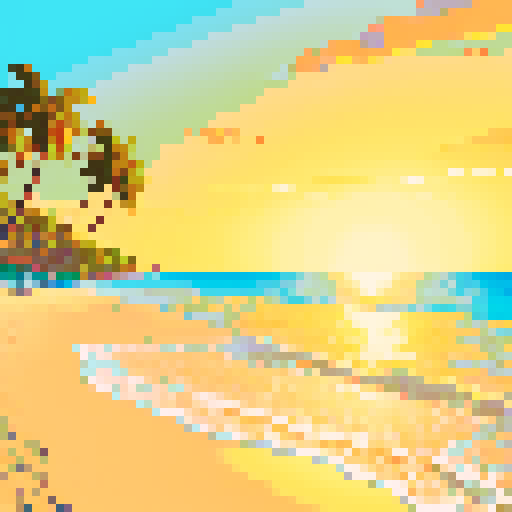 Warm, golden hues reflecting off the calm ocean surface, sandy beach with pixelated palm trees, waves gently crashing in the distance