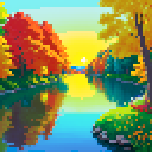 A serene landscape of trees and water, and a sunrise with the sun clearly visible in the middle. Bright scene. Foliage and flowers in the forefront. use of simple primary colors of red blue yellow and green. high saturation
